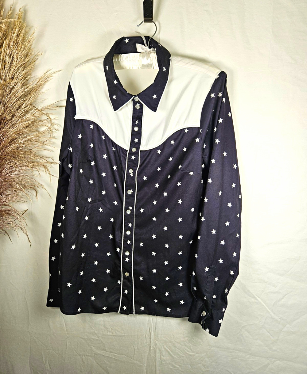 Unique Vintage Western Shirt Womens Large Black White Star Print Retro Cowgirl